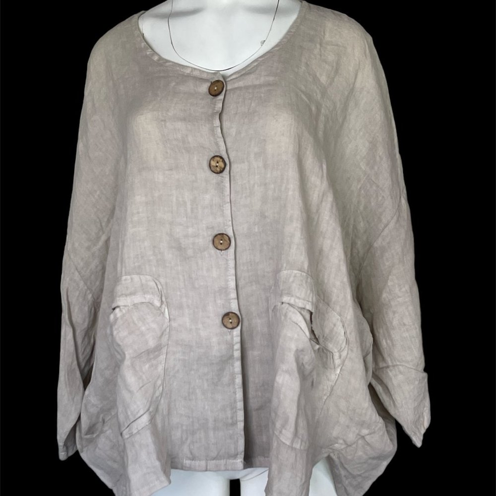 Linen Flax Women's T by Transparente  Beige Jacket size 2-3-0  pockets Italy